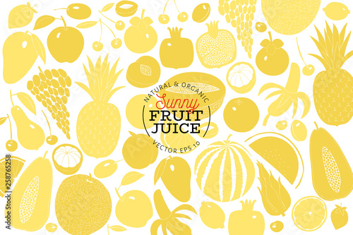 Scandinavian hand drawn fruit design template. Monochrome graphic. Fruits background. Linocut style. Healthy food. Vector illustration