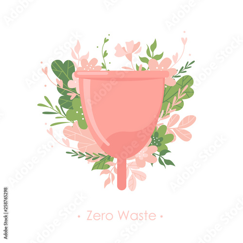Menstrual cup with plants and flowers on white background