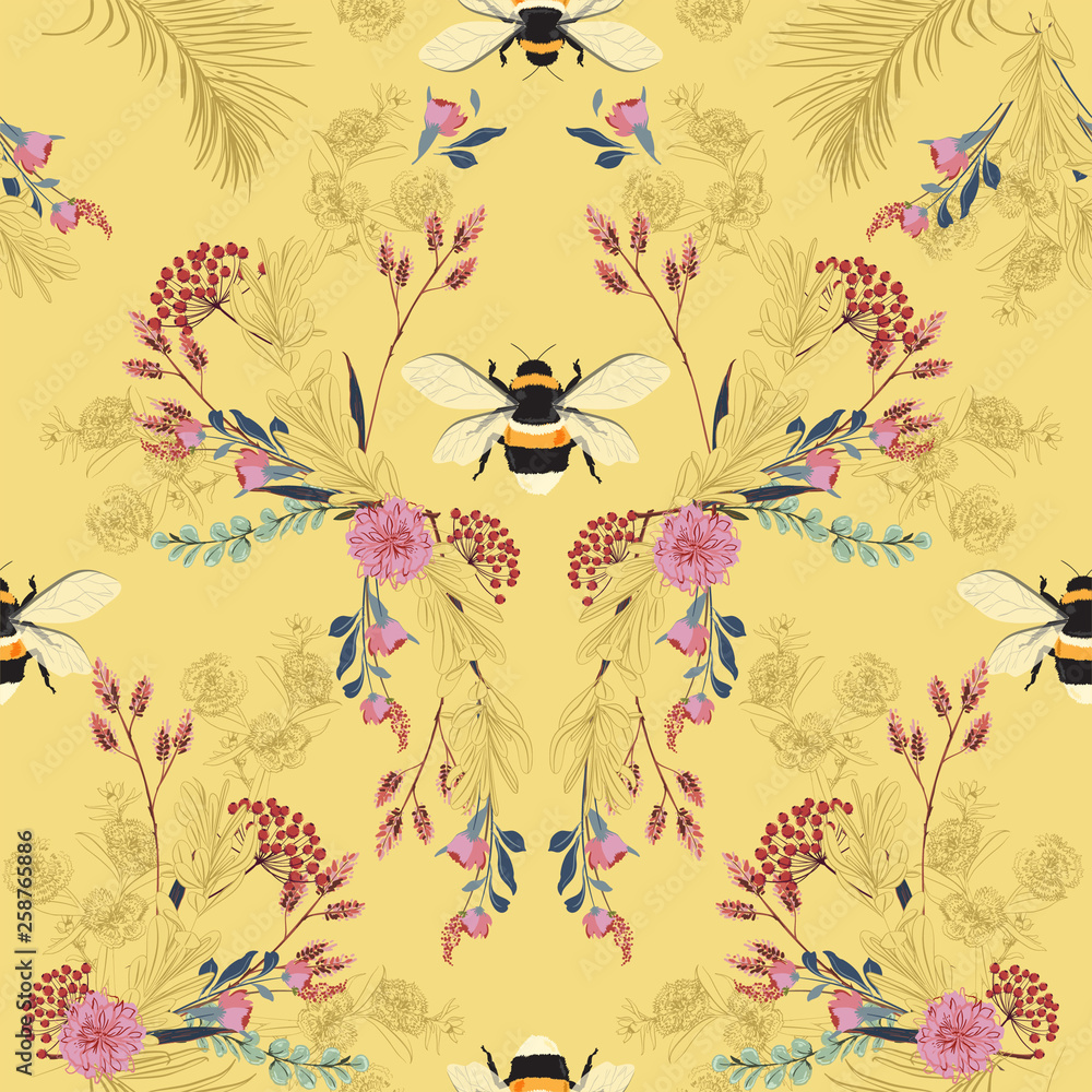 Fototapeta premium Sweet mood in pastel Vintage botanical blooming garden flowers unfinished line drawing with bees seamless pattern vector design for fashion,fabric,wallpaper,and all prints