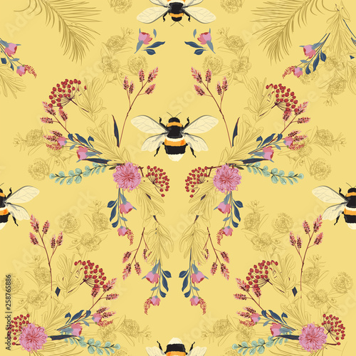 Sweet mood in pastel Vintage botanical blooming garden flowers unfinished line drawing with  bees seamless pattern vector design for fashion,fabric,wallpaper,and all prints