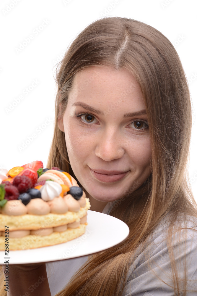 pastry chef with cake on a white background pastry chef with cake on a white background