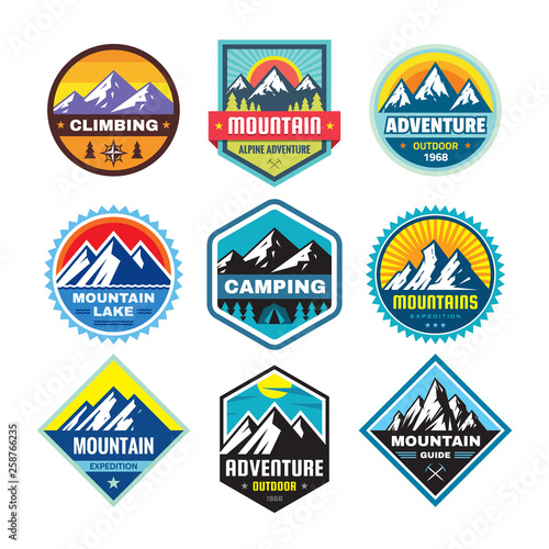 Set of adventure outdoor concept badges, summer camping emblem, mountain climbing logo in flat style. Extreme exploration sticker symbol. Creative vector illustration. Graphic design element.  