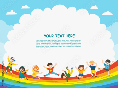Children's activities. Happy children are jumping on rainbow background.Template for advertising brochure.