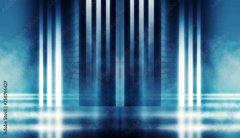 Background of empty dark room with brick walls, illuminated by neon lights with laser beams, smoke Background of empty dark room with brick walls, illuminated by neon lights with laser beams, smoke