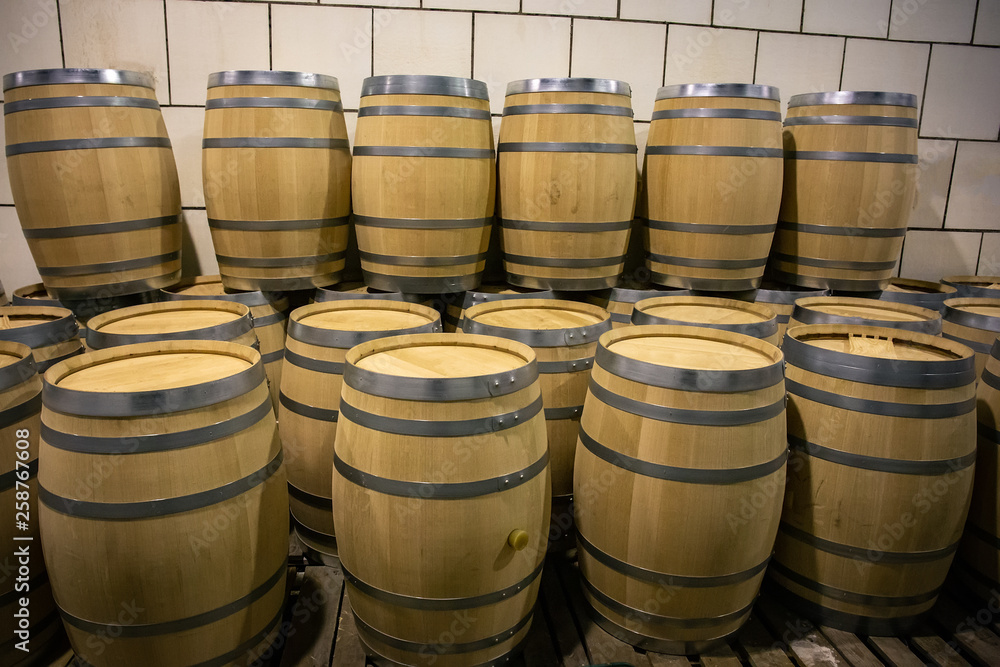 Group of wooden barrels with wine, storage for alcohol