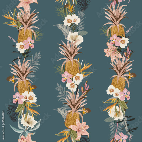 Beauitful Colorful vintage summer tropical exotic forest with blooming summer flowers and fruits creat in line vertical stripe design for fashion,fabic,wallpaper and all prints © MSNTY_STUDIOX