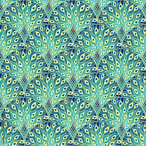 Peacock art deco seamless pattern. Art nouveau vintage background