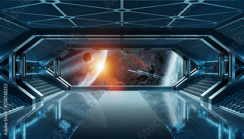 Fototapeta Naklejka Na Ścianę i Meble -  Dark blue spaceship futuristic interior with window view on space and planets 3d rendering