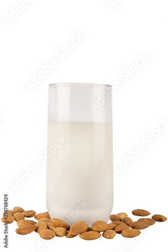 Almond milk glass and almonds isolated on a white background. Cut out.