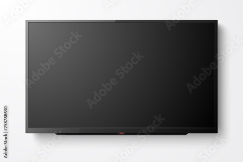 Vector 3d Realistic Black Blank TV Screen. Modern LCD LED Panel Set Closeup Isolated on White Background. Design Template of Large Computer Monitor Display for Mockup