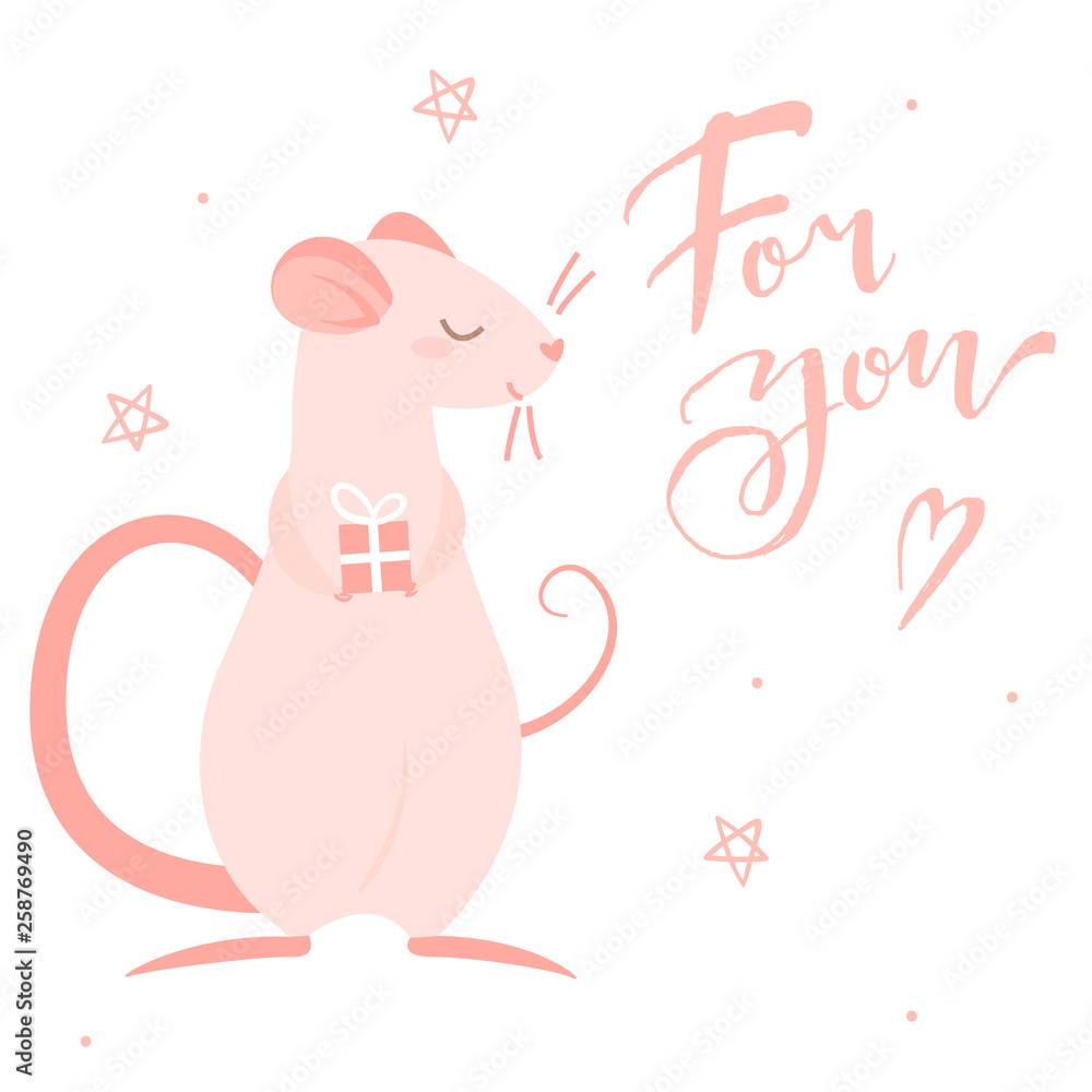 Pink rat gives a gift and lettering for you, isolated illustration