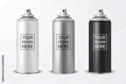 Vector 3d Realistic White Blank Spray Can, bottle Icon Set Closeup Isolated on White Background. Design Template of Sprayer Can for Mock up, Package, Advertising, Hairspray, Deodorant etc photo