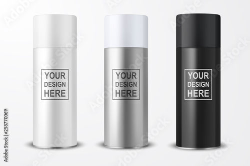 Vector 3d Realistic White Blank Spray Can, bottle Icon Set Closeup Isolated on White Background. Design Template of Sprayer Can for Mock up, Package, Advertising, Hairspray, Deodorant etc