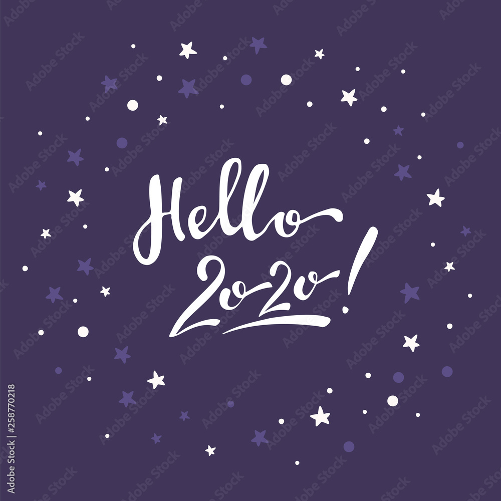 Lettering hello 2020 on a purple background with white polka dot and stars