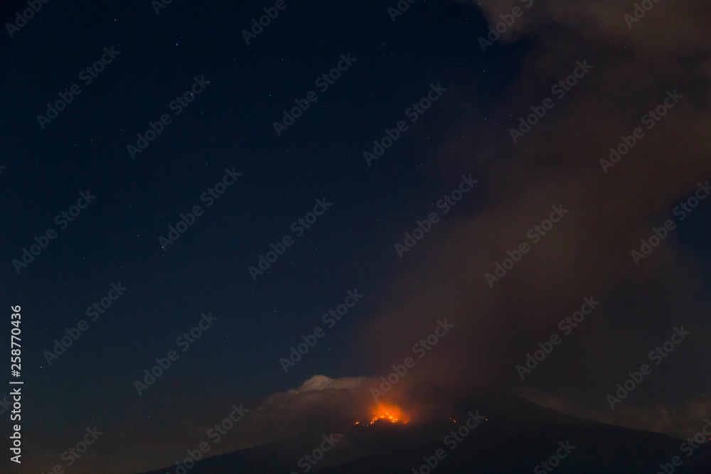 Explosion of popocatepetl volcano, night