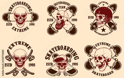 Set of skateboarding club emblems with skulls. Design element for poster, logo, sign, label, t shirt.