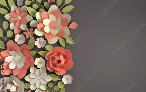 Paper elegant pastel colored flowers on dark background. Valentine s day  Easter  Mother s day  wedding greeting card. 3d render digital spring or summer flowers illustration in paper art style.