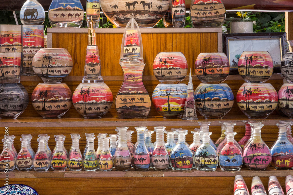 Multicolor sand handmade souvenirs in Dubai, UAE