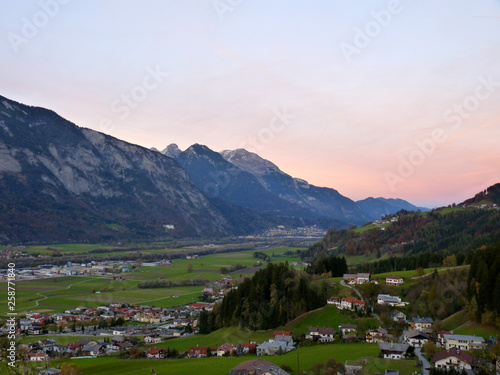 Isolated city caught in between the mountain chains before the sunset