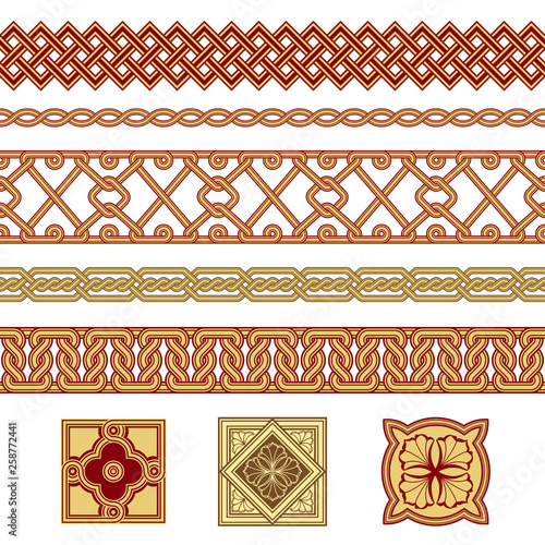 Set of seamless borders and floral corner elements. Interlaced lines. Based on Georgian, Armenian, Arabic styles. Pattern brushes included in EPS file. photo