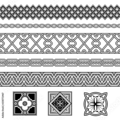 Set of seamless black and white borders and floral corner elements. Interlaced lines. Based on Georgian, Armenian, Arabic styles. Pattern brushes included in EPS file.