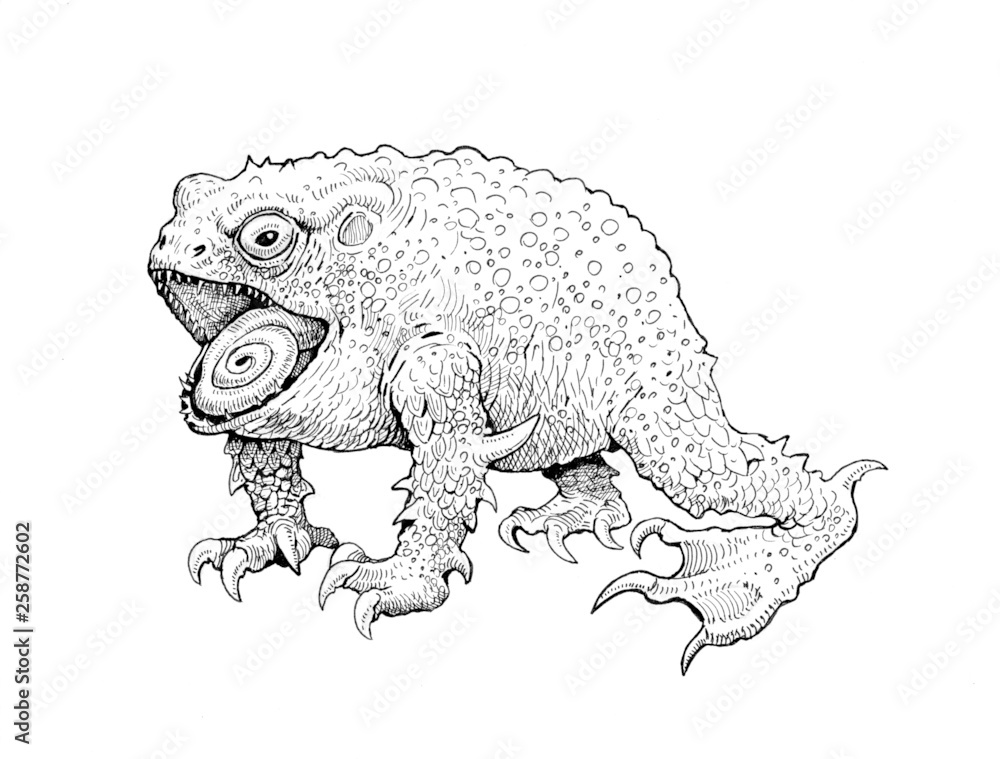 Fototapeta premium Fantasy frog. Toad ink drawing. Monster toad illustration.