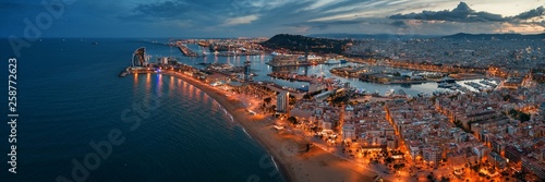 Canvas Print Barcelona Coast aerial night view
