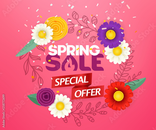 Spring sale special offer. Blank round frame with abstract color flowers. Vector season banner