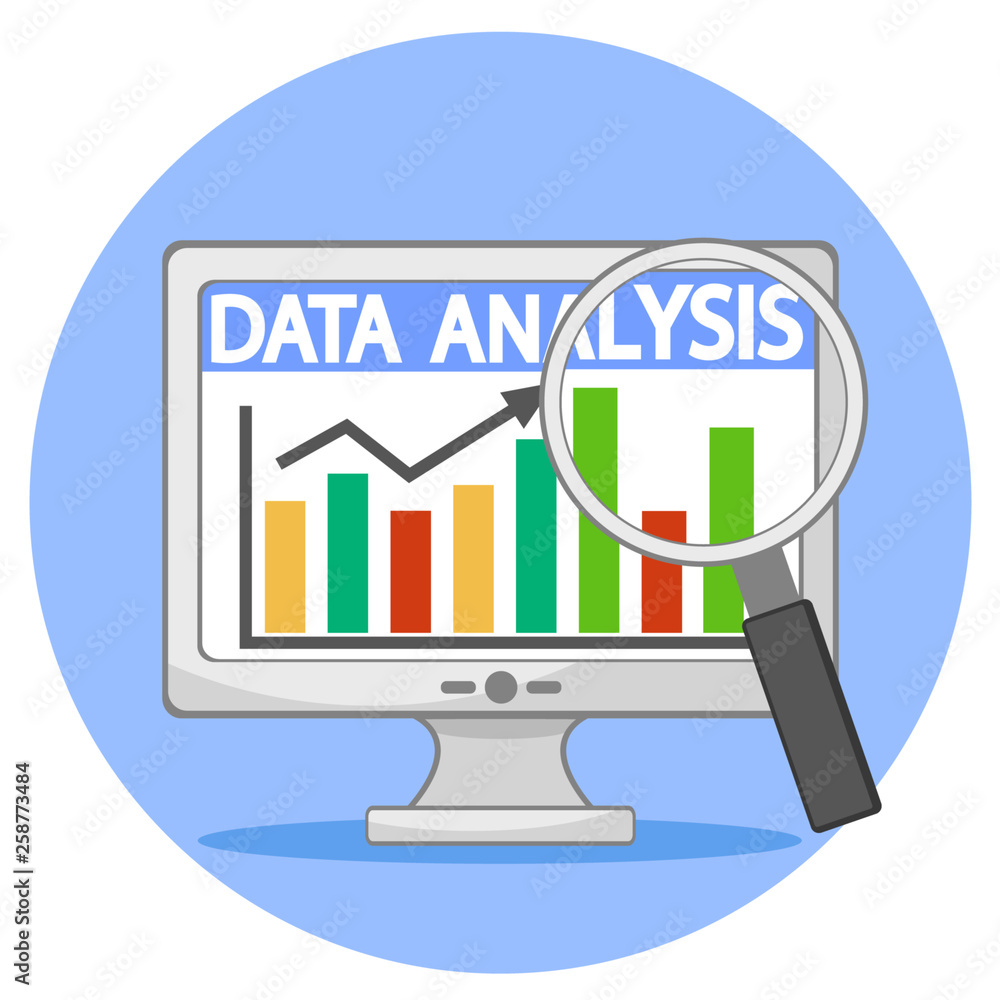 Analyze data on a computer monitor through a magnifying glass. Logotype Analyze data on a computer monitor through a magnifying glass. Logotype