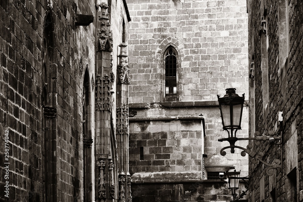 Old buildings in Gothic Quarter in Barcelona