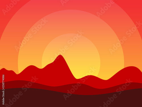 Desert of America or Africa  Vector illustration with copy space at top of image in EPS10. Beautiful Horizontal Landscape at Hot Sunset.
