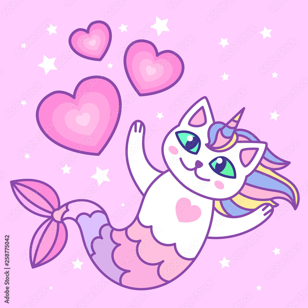 Cupid cat mermaid holding a heart cute cartoon hand drawn for valentines day with pink background,much love