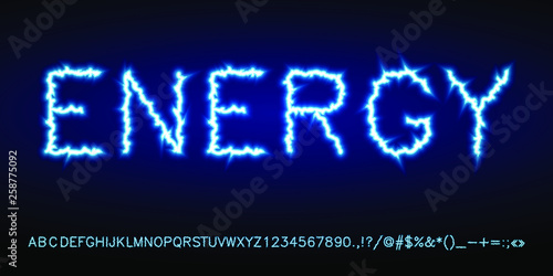 light blue neon electric lightning font set