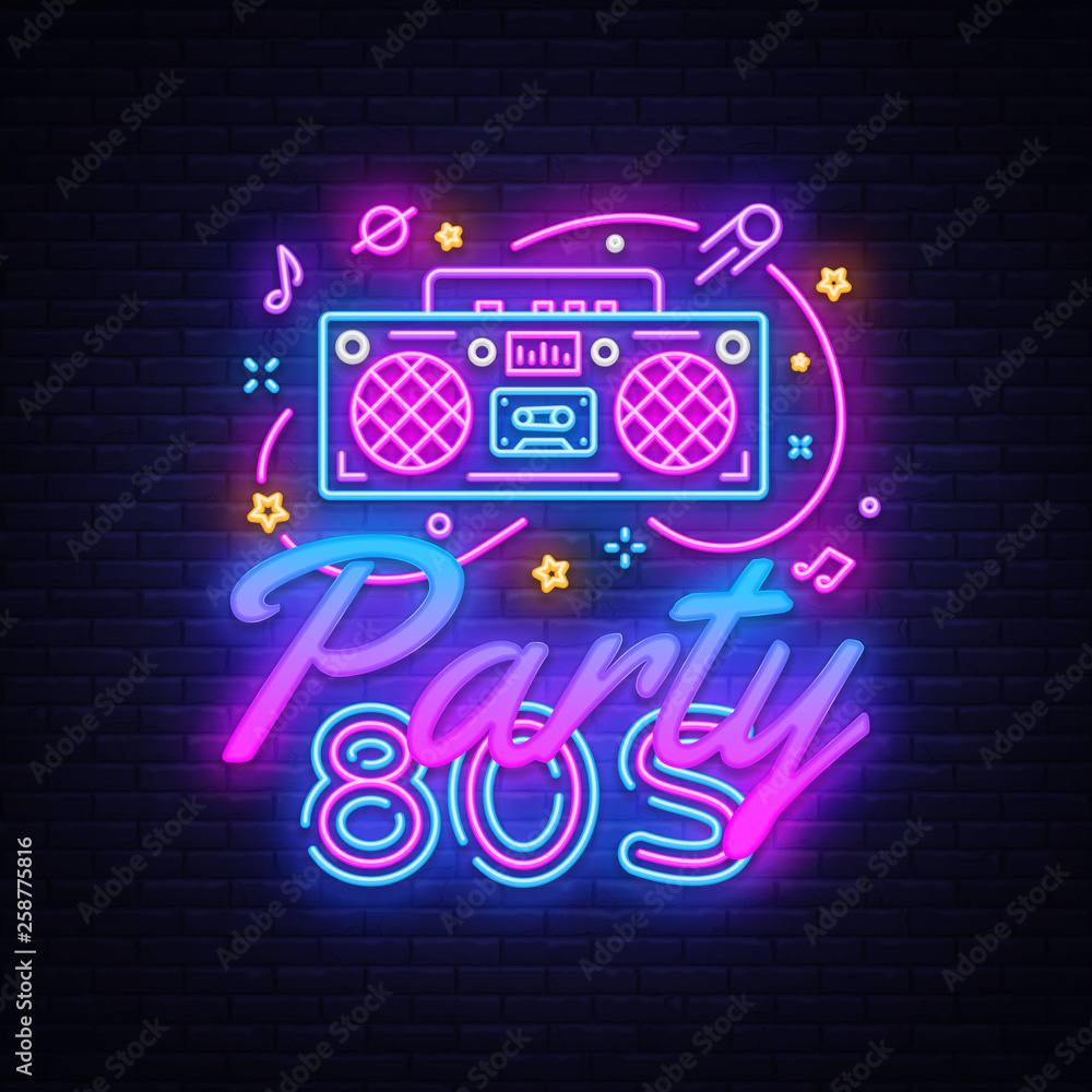 80s Party Neon Sign Vector. Back to the 80's neon design template