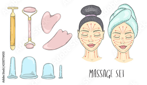 The girl s face with closed eyes and drawn massage line and tools for massage.