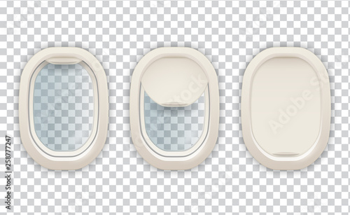 Realistic airplane porthole, aviation and tourism image