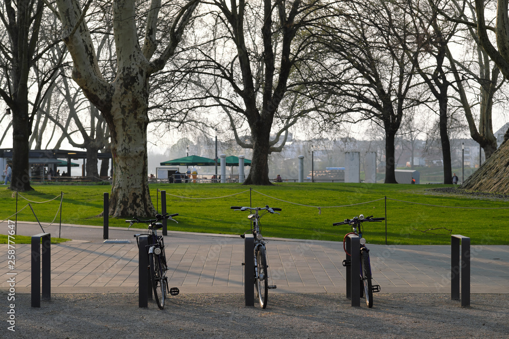 Fahrradständer in den Rheinanlagen Koblenz Nähe Deutsches Eck und Biergarten - Stockfoto Fahrradständer in den Rheinanlagen Koblenz Nähe Deutsches Eck und Biergarten - Stockfoto