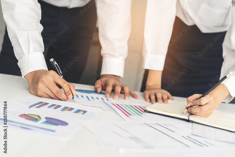 Business conference in organization. Close up group of marketing staff meeting and brainstorming in office