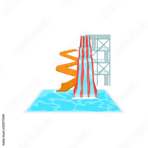 High orange spiral plastic pipe water slide and straight triple descent in aqua park