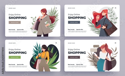 Online shopping landing page or banner templates. Girls with shopping, packages. Flat Happy Female Characters with Shopping Bags. Vector Illustration