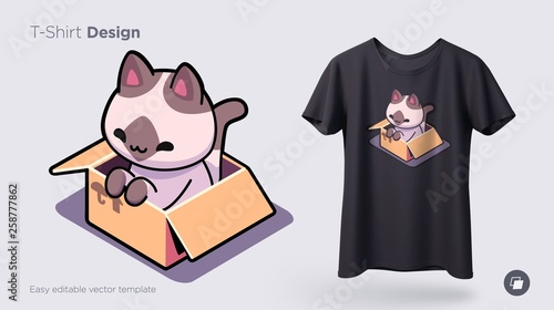 Funny cat sitting in cardboard box. Print on T-shirts, sweatshirts, cases for mobile phones, souvenirs. Vector illustration