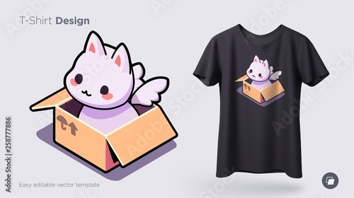 Funny cat sitting in cardboard box. Print on T-shirts, sweatshirts, cases for mobile phones, souvenirs. Vector illustration