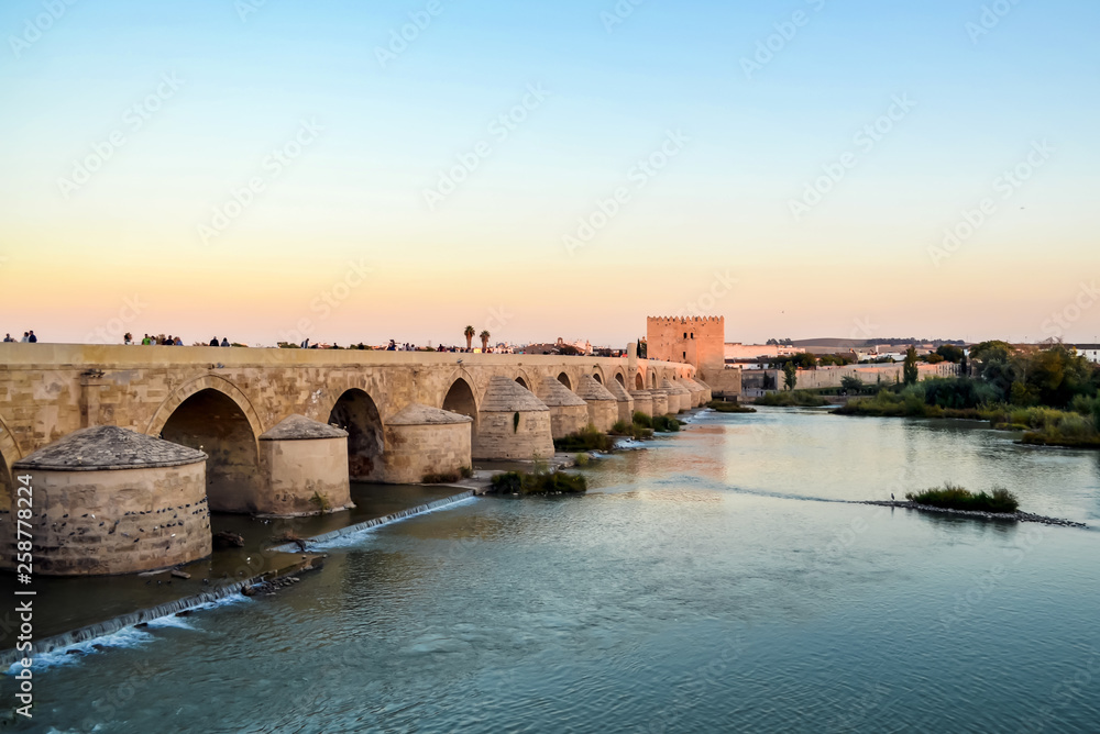 View of the Roman bridge over the Guadalquivir river, going into the distance in sun set, Cordoba, Spain