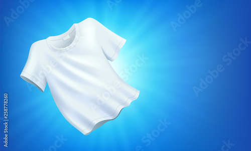 Bright white clean clothes, laundry on blue background