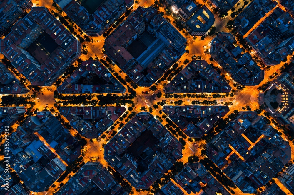 Barcelona street night aerial View - obrazy, fototapety, plakaty 