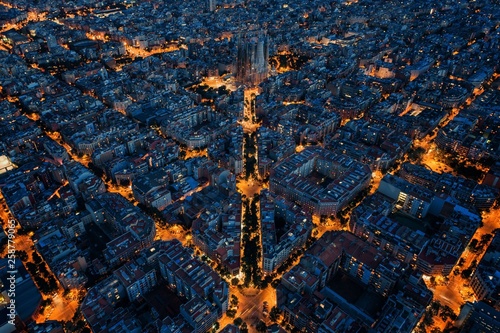 Barcelona street night aerial View
