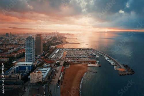 Barcelona Coast aerial sunrise view