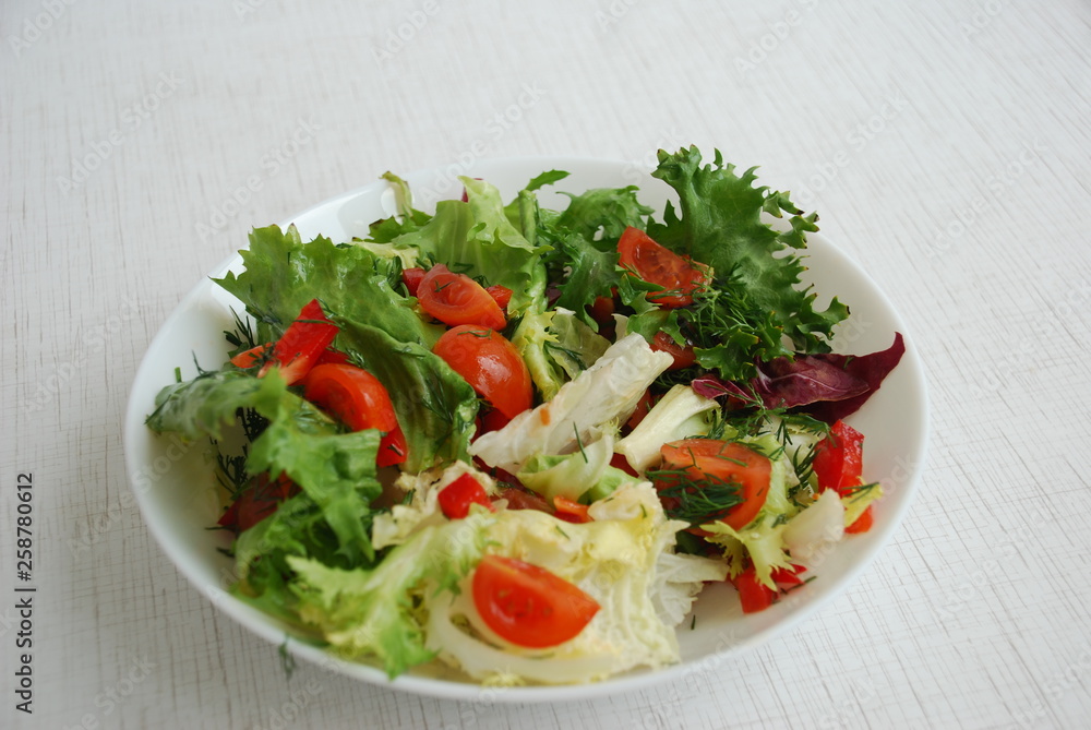 Vegetable salad for a healthy lunch consists of Petsay, Frize, Radicchio leaves. The salad has cherry tomatoes, red pepper, dill, olive oil. Vegetable salad for a healthy lunch consists of Petsay, Frize, Radicchio leaves. The salad has cherry tomatoes, red pepper, dill, olive oil.