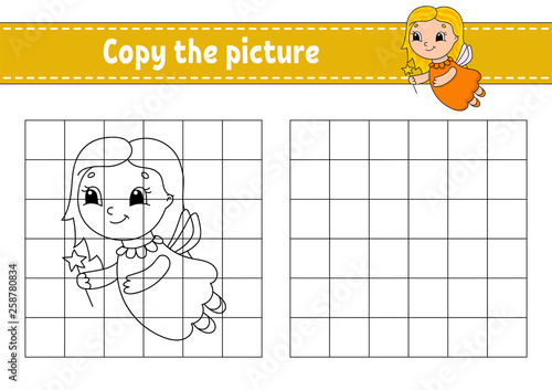 Copy the picture. Coloring book pages for kids. Education developing worksheet. Game for children. Handwriting practice. Funny character. Cute cartoon vector illustration.