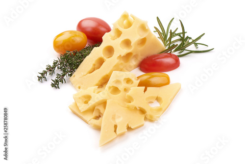 Block of cheese with slices, close-up, isolated on white background